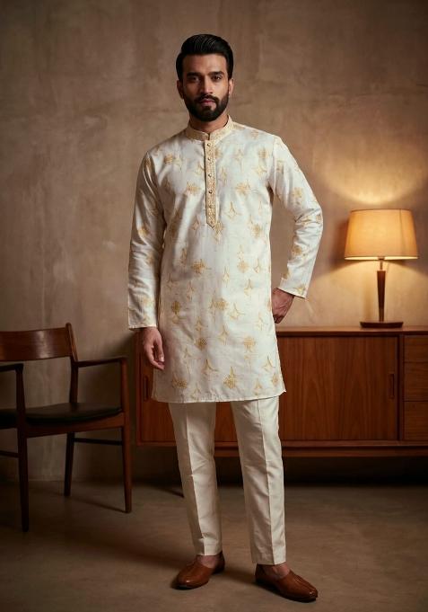 Yellow Sequin Work Cotton Kurta Pajama For Men