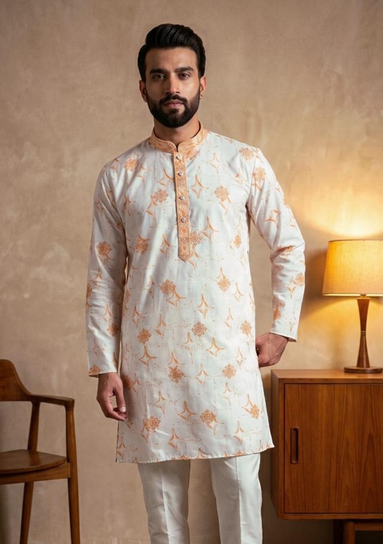 Orange Sequin Work Cotton Kurta Pajama For Men - Indya
