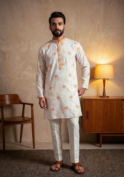 Orange Sequin Work Cotton Kurta Pajama For Men