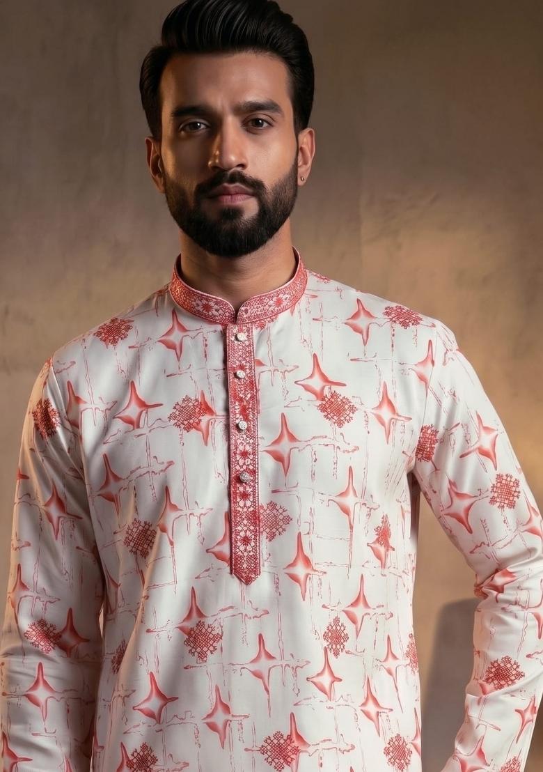 Red Sequin Work Cotton Kurta Pajama For Men - Indya