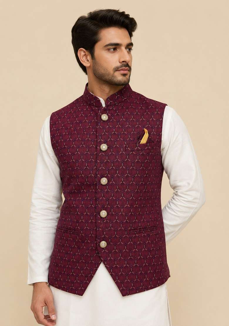 Maroon Embroidered Jacquard Nehru Jacket Set For Men - Indya