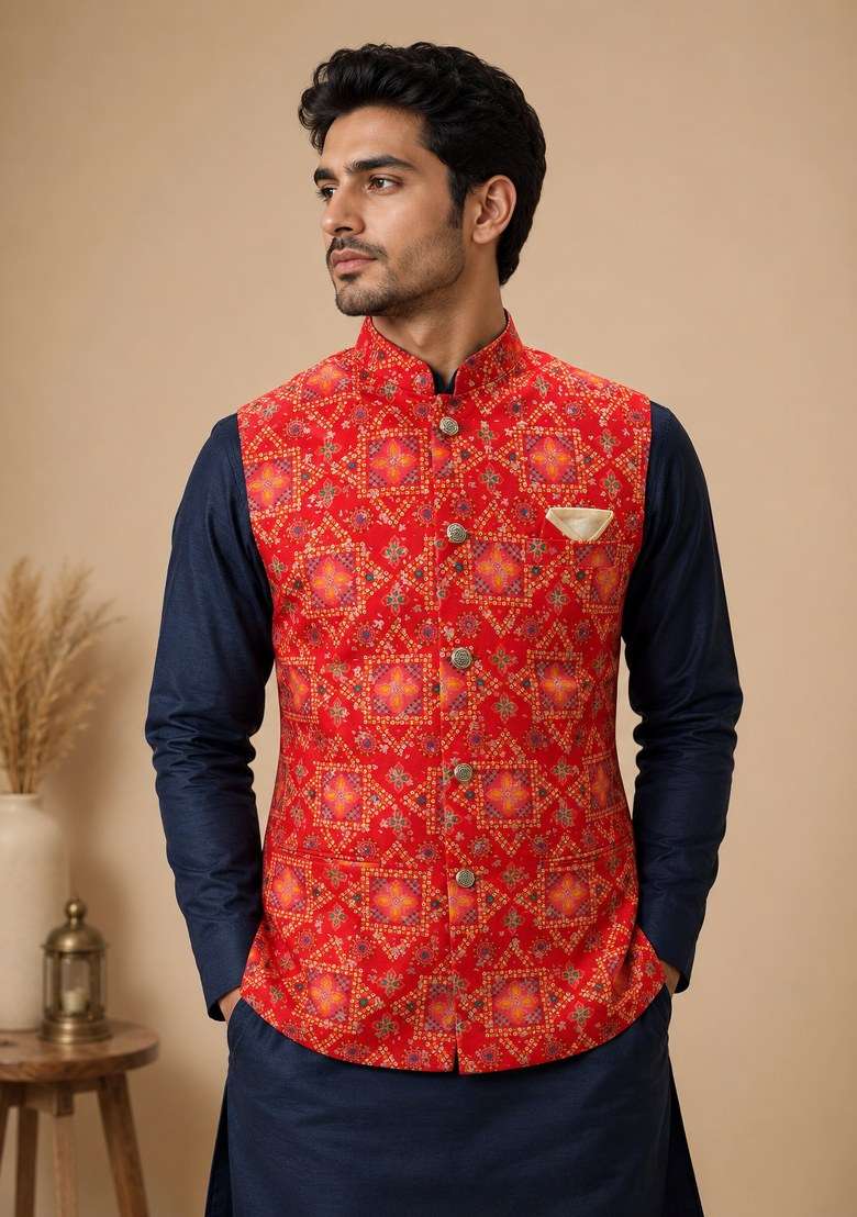Orange Printed Silk Nehru Jacket Set For Men - Indya