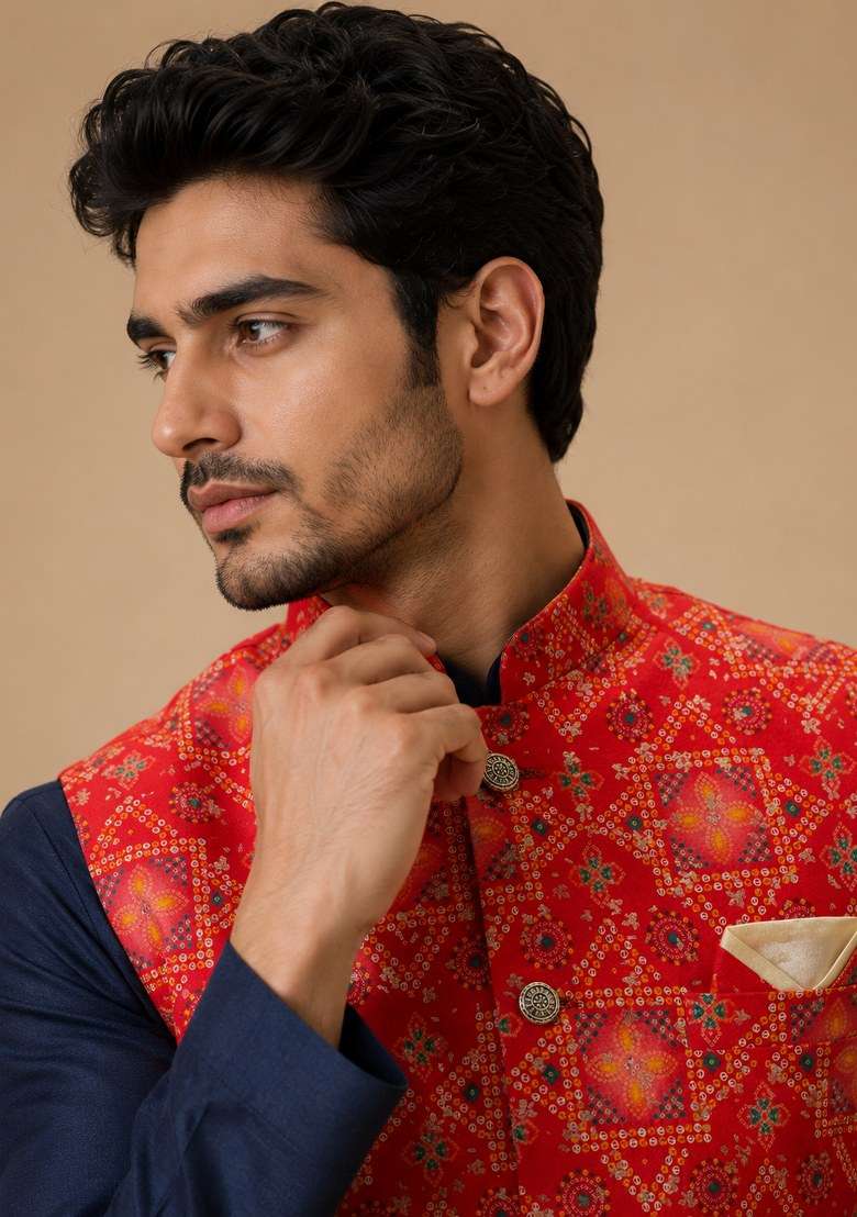 Orange Printed Silk Nehru Jacket Set For Men - Indya