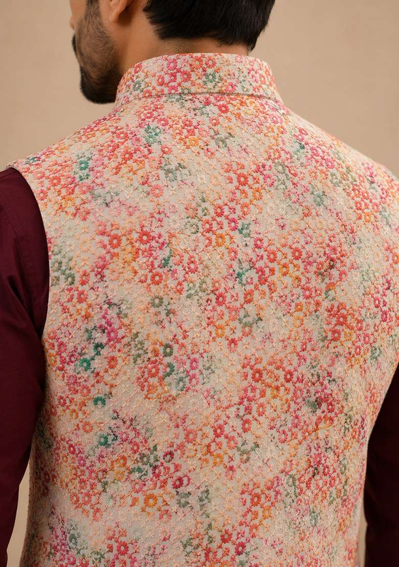 Multicolor Embroidered Jacquard Nehru Jacket Set For Men - Indya
