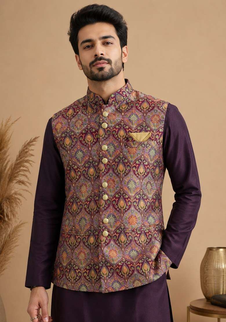 Multicolor Jamevar Nehru Jacket Set For Men - Indya