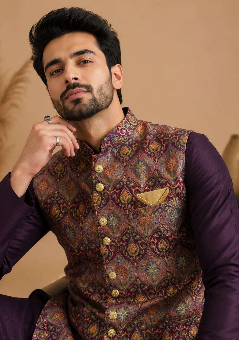 Multicolor Jamevar Nehru Jacket Set For Men - Indya
