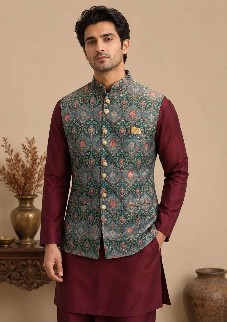 Multicolor Jamevar Nehru Jacket Set For Men - Indya
