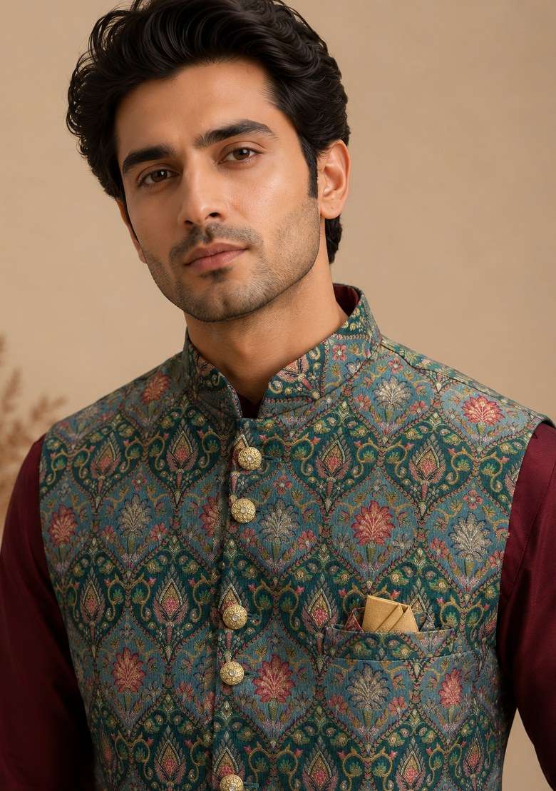 Multicolor Jamevar Nehru Jacket Set For Men - Indya