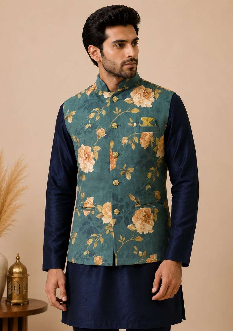 Green Embroidered Velvet Nehru Jacket For Men - Indya