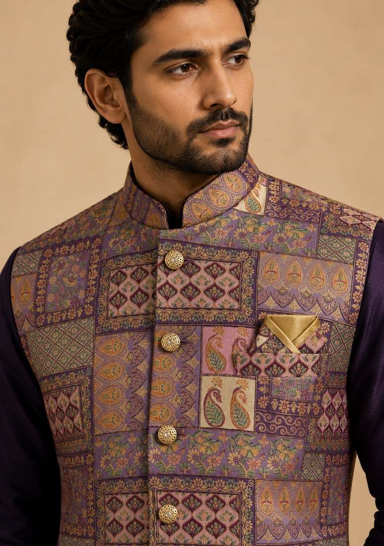 Multicolor Embroidered Jamevar Nehru Jacket For Men - Indya