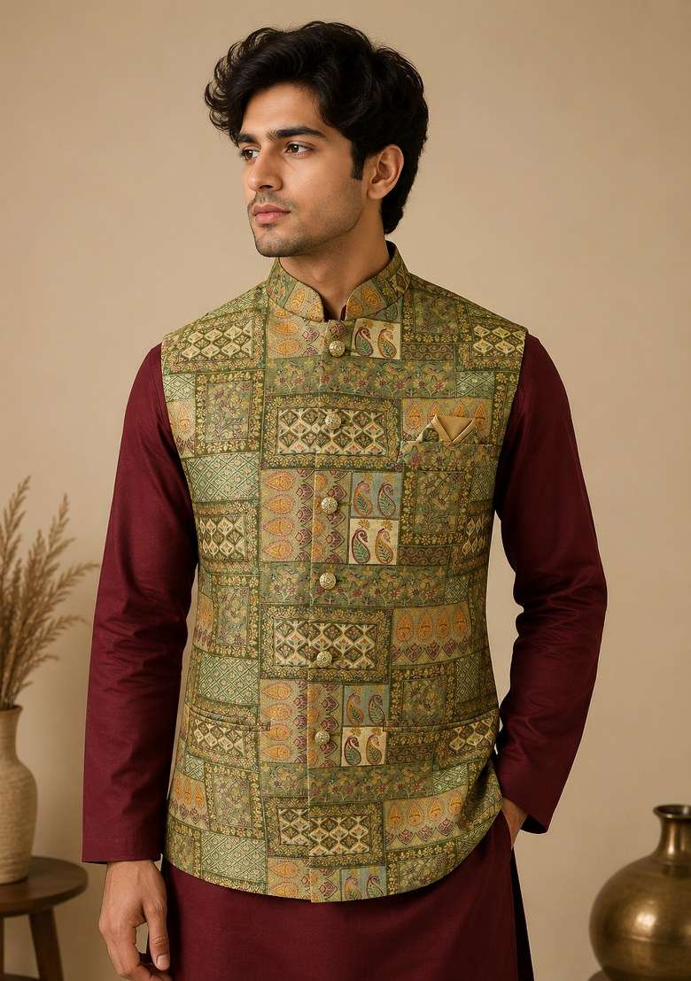 Multicolor Embroidered Jamevar Nehru Jacket For Men - Indya