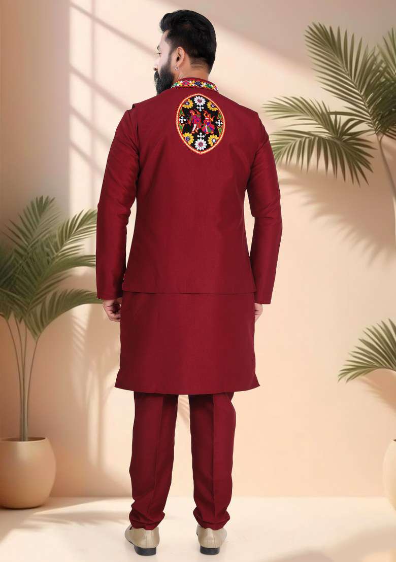 Maroon Mirror Work Silk Nehru Jacket Set For Men - Indya