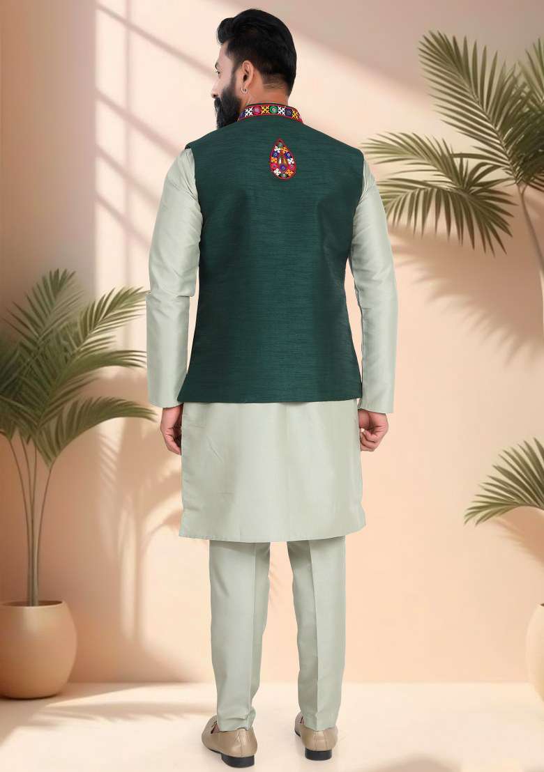 Bottle Green Mirror Work Silk Nehru Jacket Set For Men - Indya