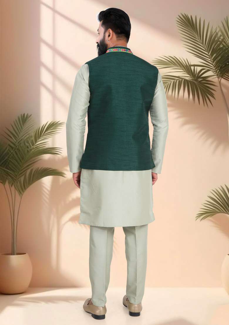 Bottle Green Lace Work Silk Nehru Jacket Set For Men - Indya