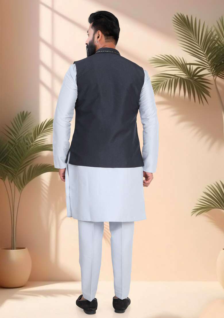 Grey Lace Work Silk Nehru Jacket Set For Men - Indya