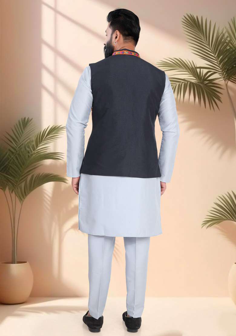 Grey Mirror Work Silk Nehru Jacket Set For Men - Indya