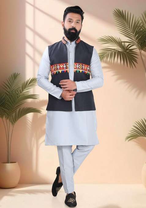 Grey Mirror Work Silk Nehru Jacket Set For Men
