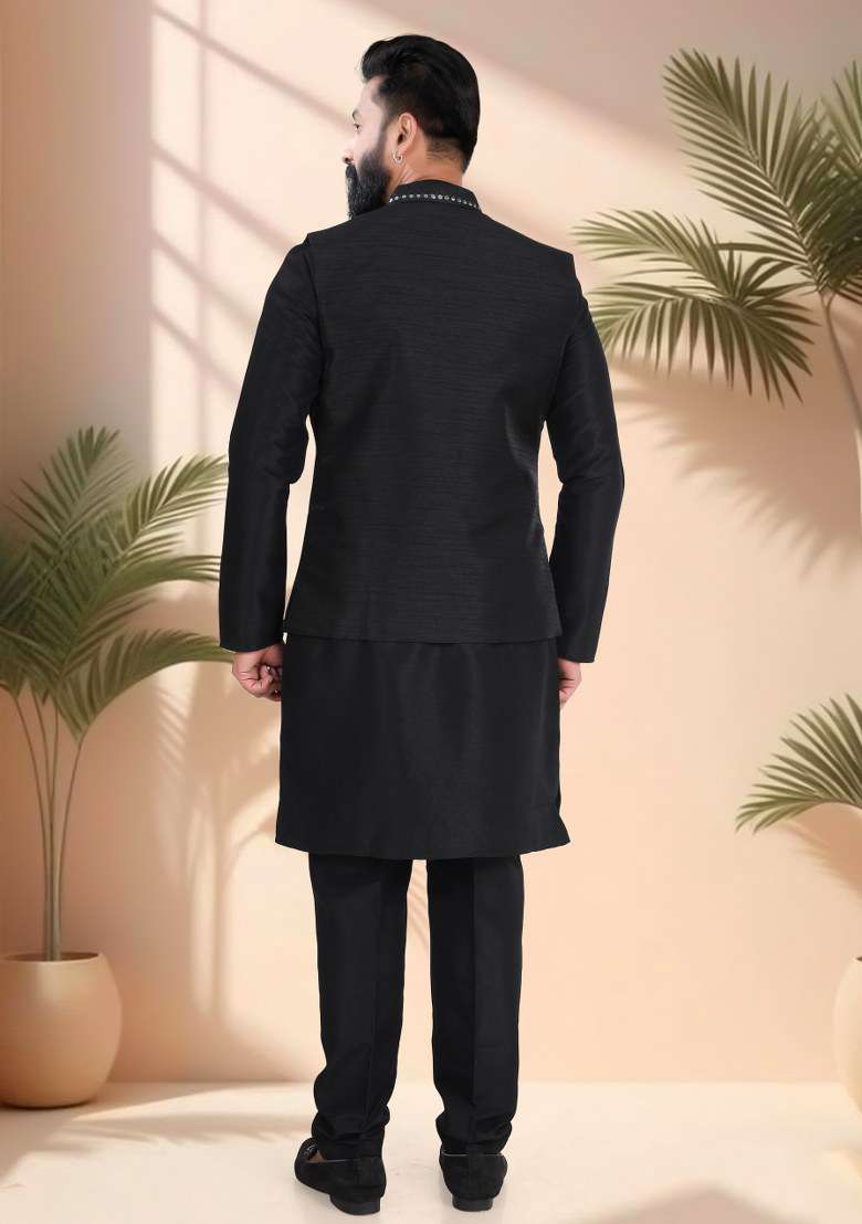 Green Mirror Work Silk Nehru Jacket For Men - Indya