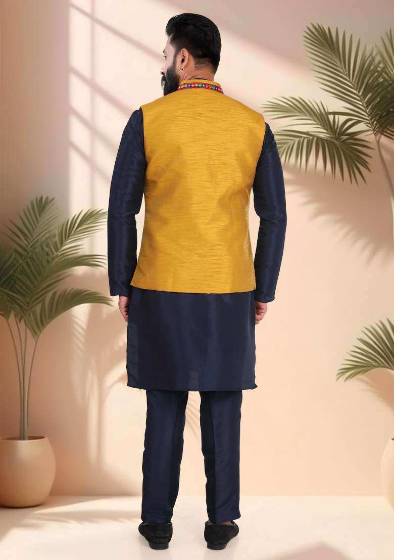 Green Mirror Work Silk Nehru Jacket For Men - Indya