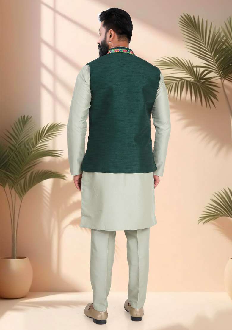 Green Mirror Work Silk Nehru Jacket For Men - Indya