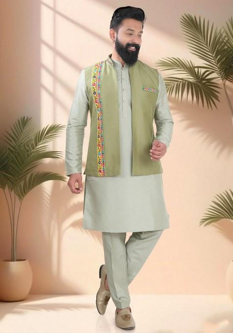 Green Mirror Work Silk Nehru Jacket For Men