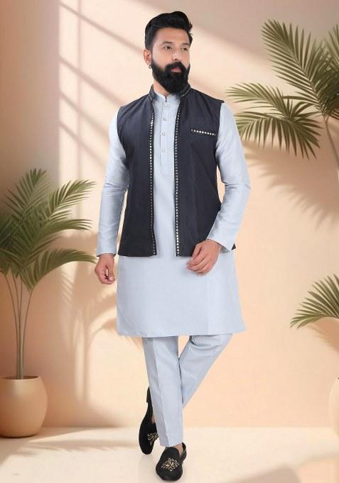 Green Mirror Work Silk Nehru Jacket For Men