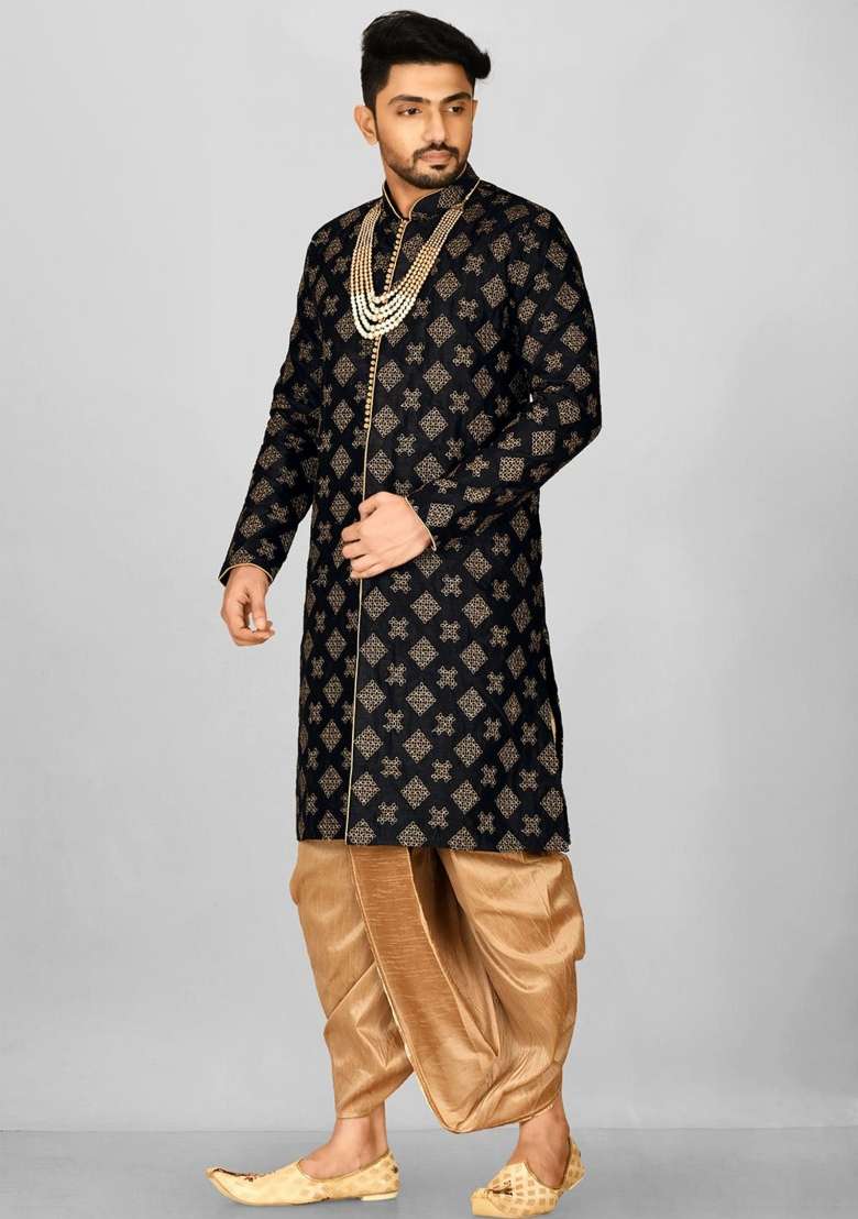 Black Embroidered Silk Kurta Set For Men - Indya