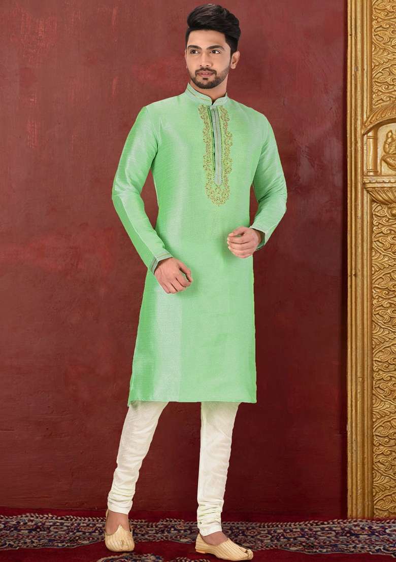 Pista Green Hand Work Silk Kurta Set For Men - Indya