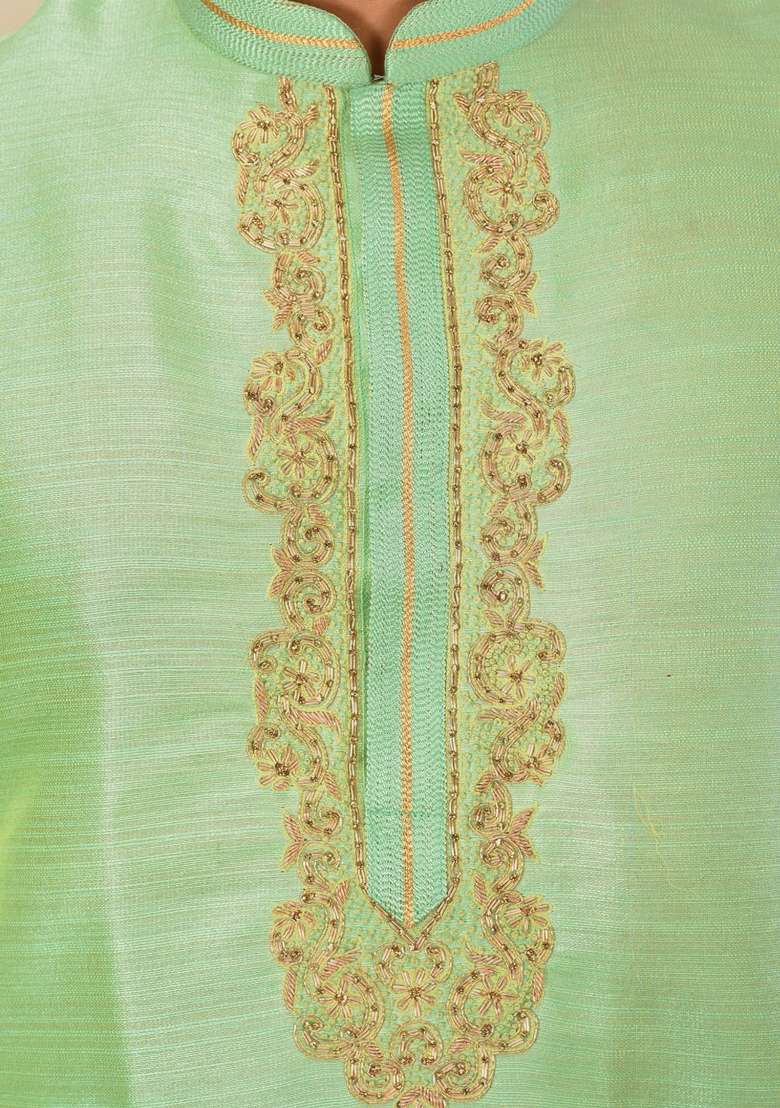 Pista Green Hand Work Silk Kurta Set For Men - Indya
