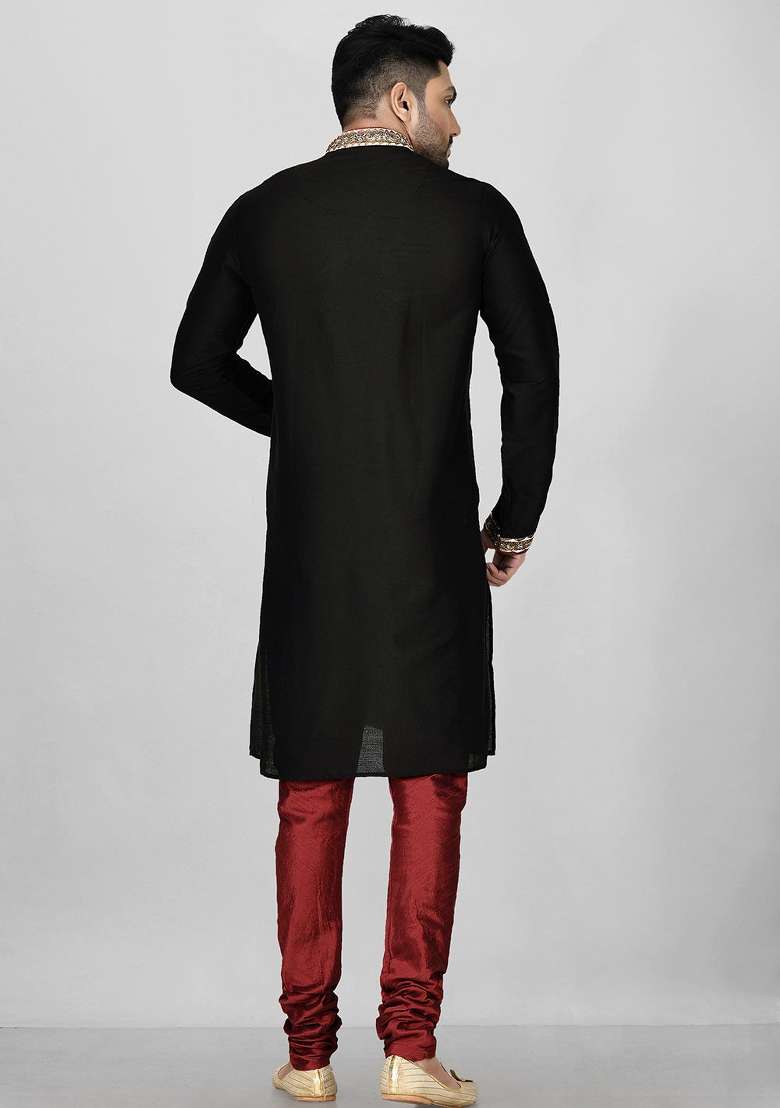 Black Silk Kurta Set For Men - Indya