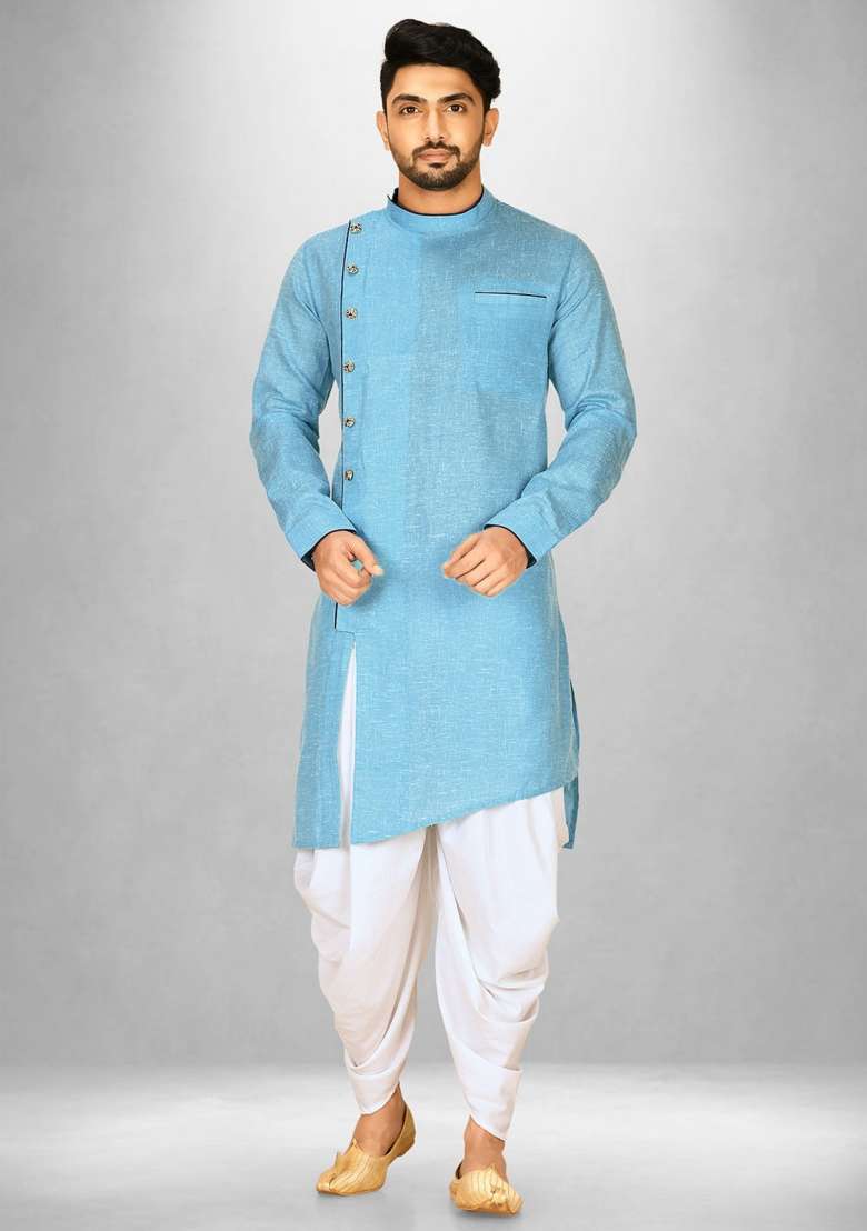 Sky Blue Silk Kurta Set For Men - Indya