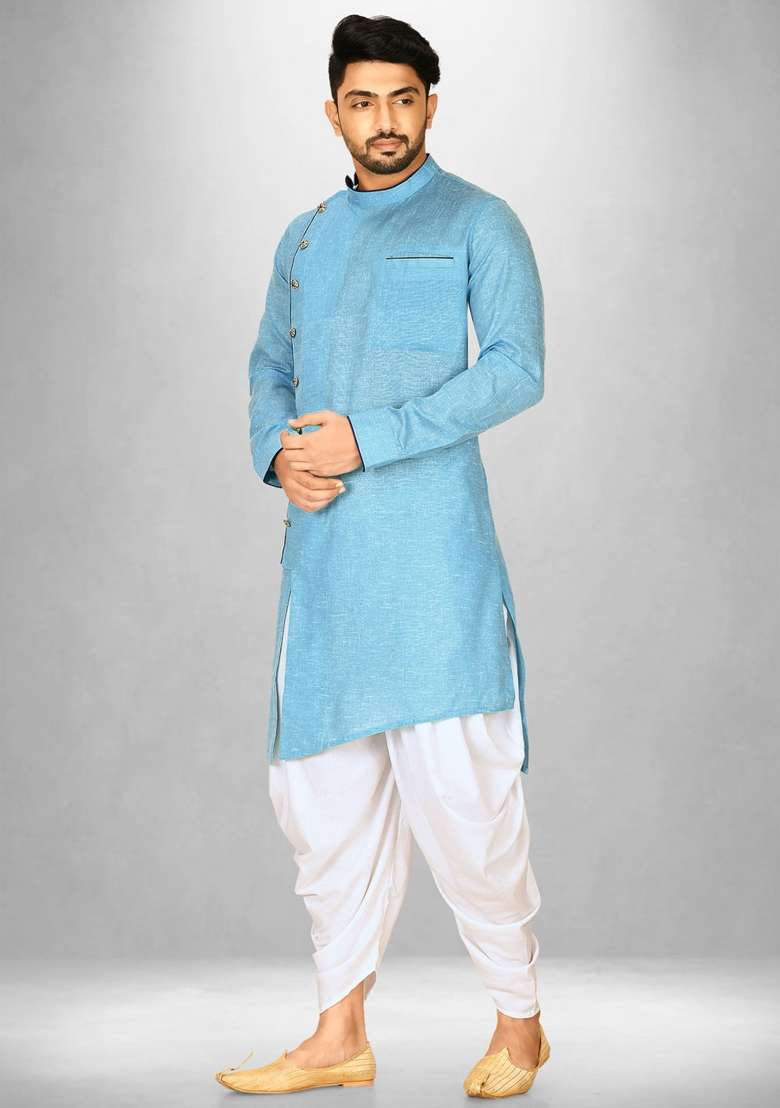 Sky Blue Silk Kurta Set For Men - Indya