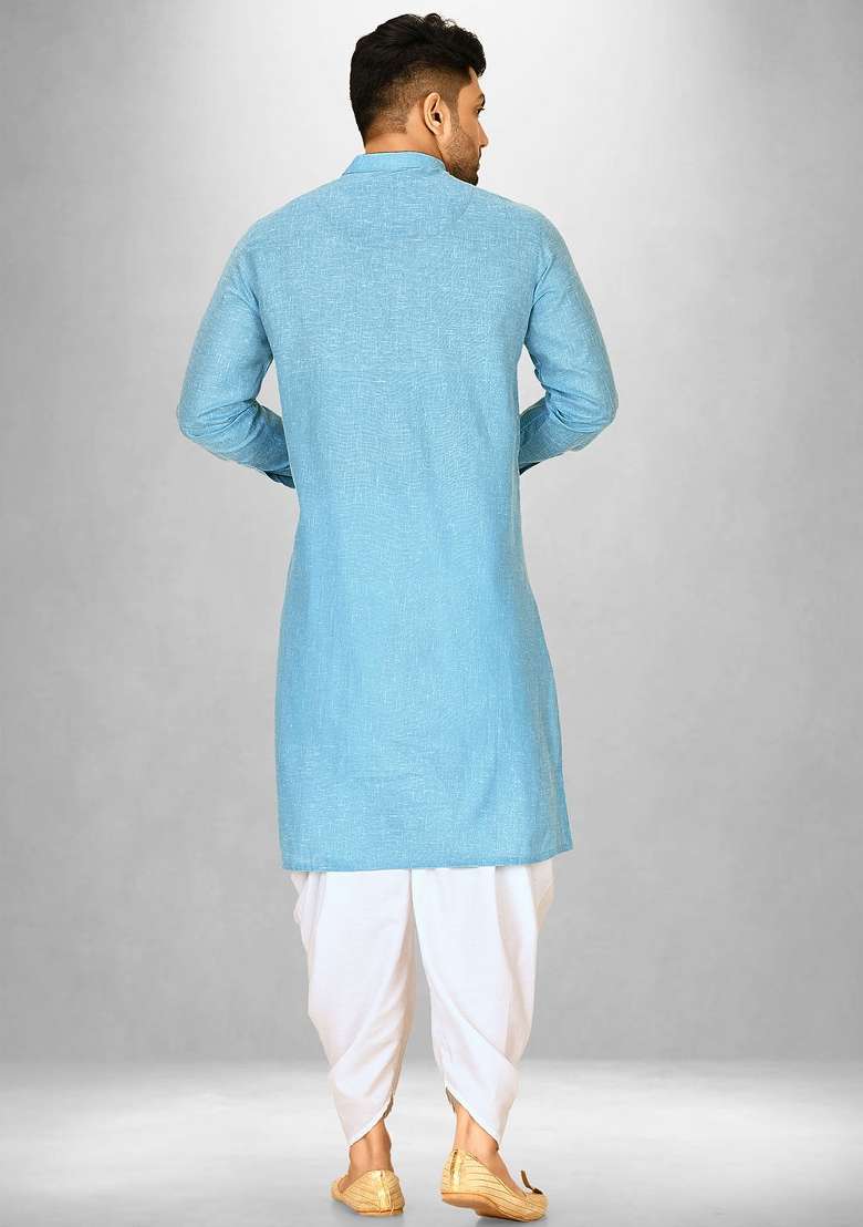 Sky Blue Silk Kurta Set For Men - Indya
