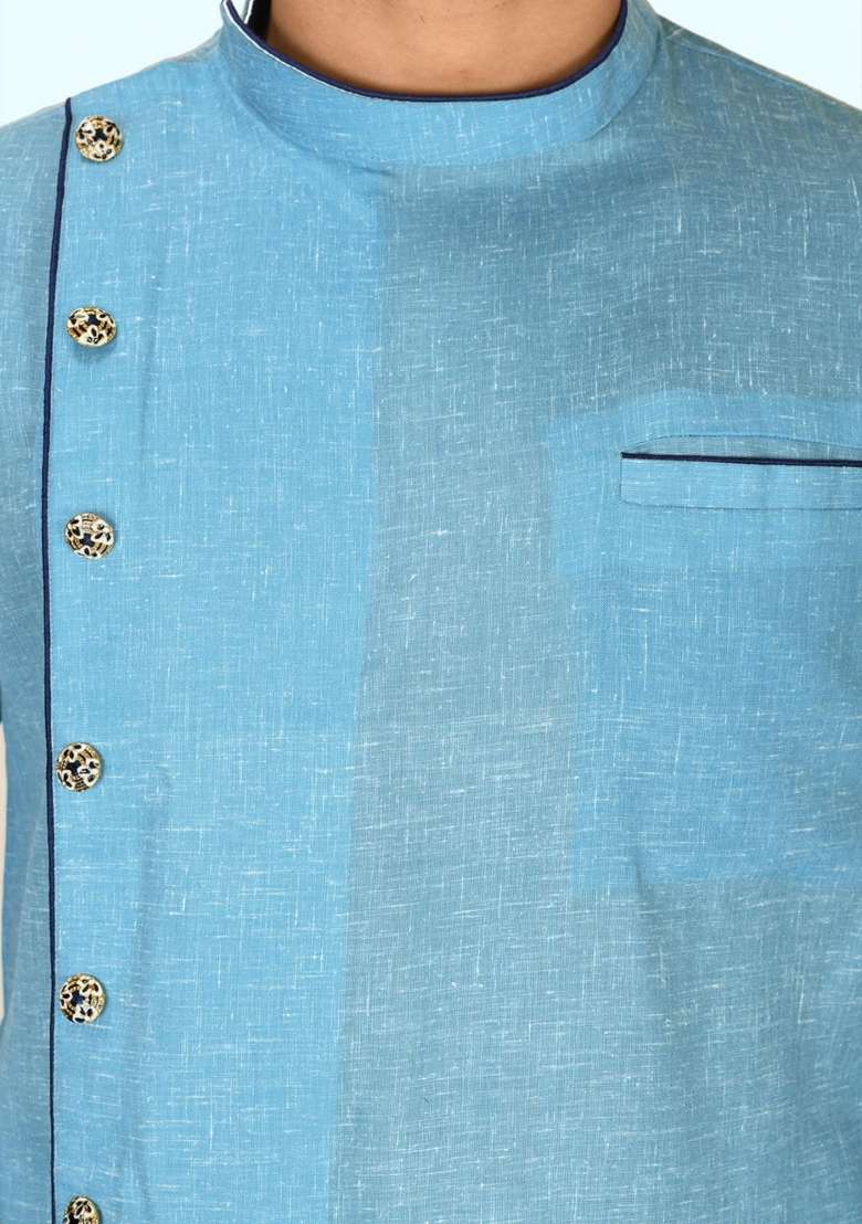 Sky Blue Silk Kurta Set For Men - Indya