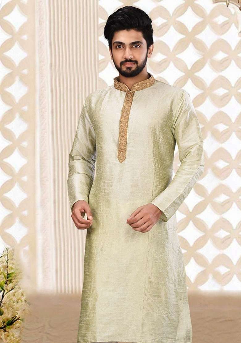 Sky Blue Hand Work Silk Kurta Set For Men - Indya
