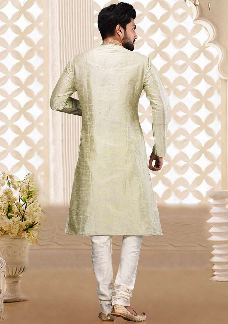 Sky Blue Hand Work Silk Kurta Set For Men - Indya