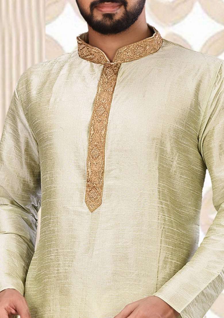 Sky Blue Hand Work Silk Kurta Set For Men - Indya