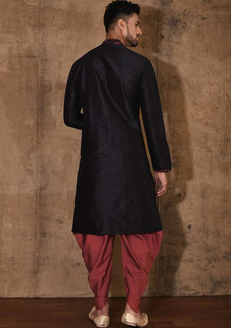 Black Embroidered Silk Kurta Set For Men - Indya