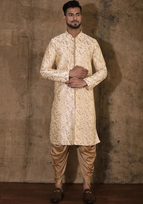 Fawn Embroidered Silk Kurta Set For Men