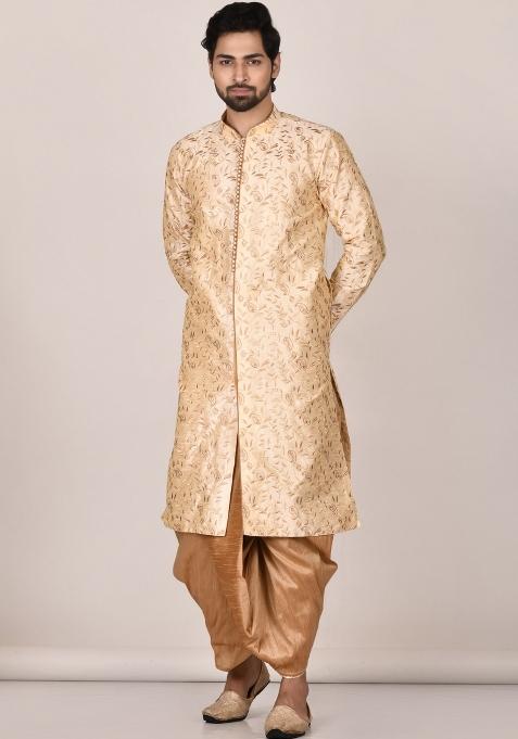 Fawn Embroidered Silk Kurta Set For Men