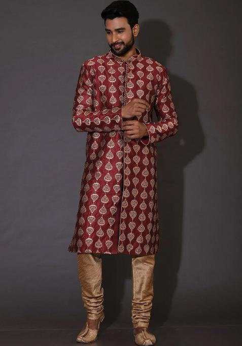 Red Embroidered Silk Kurta Set For Men