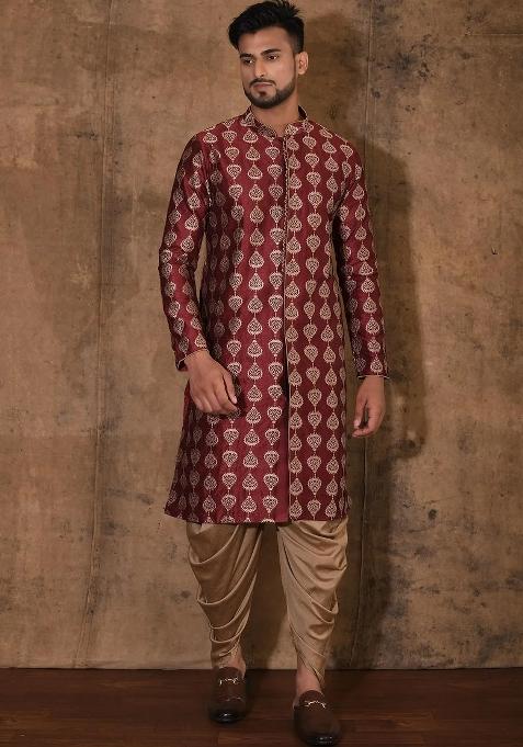 Red Embroidered Silk Kurta Set For Men
