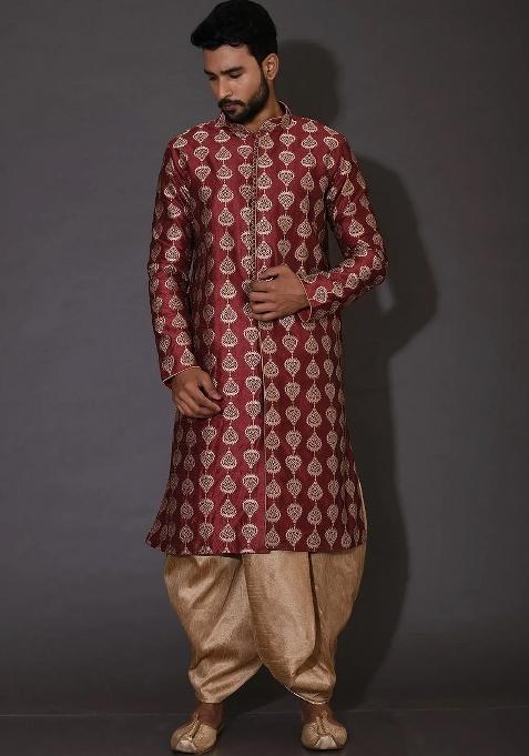 Red Embroidered Silk Kurta Set For Men