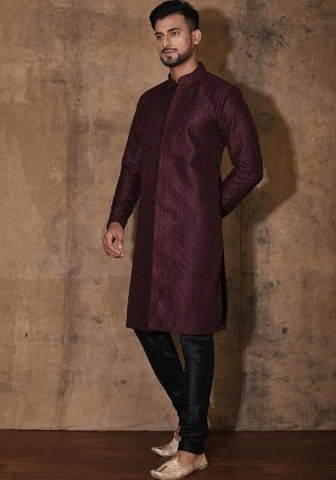 Wine Embroidered Silk Kurta Set For Men