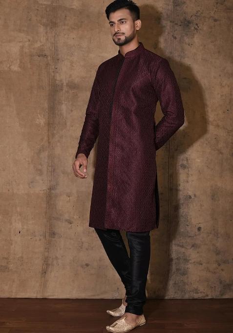 Wine Embroidered Silk Kurta Set For Men