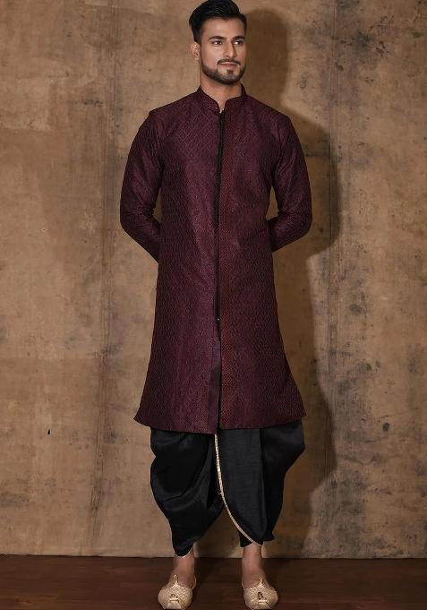 Wine Embroidered Silk Kurta Set For Men