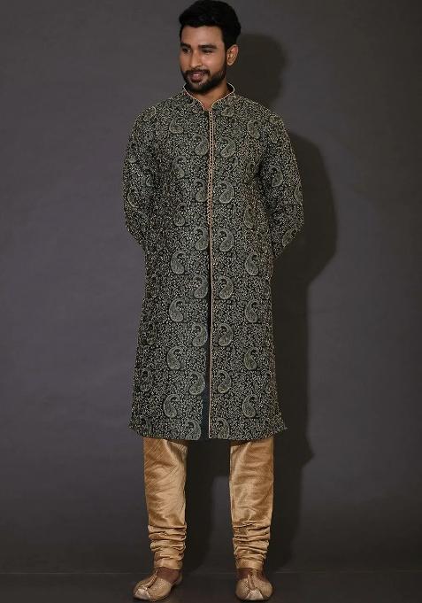Bottle Green Embroidered Silk Kurta Set For Men