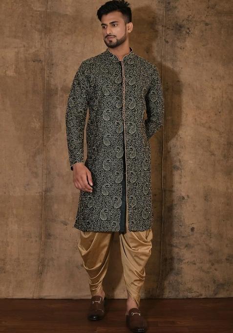 Bottle Green Embroidered Silk Kurta Set For Men