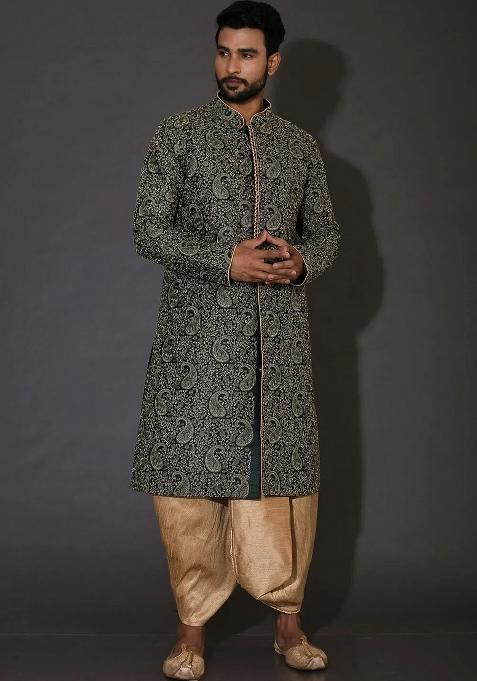 Bottle Green Embroidered Silk Kurta Set For Men