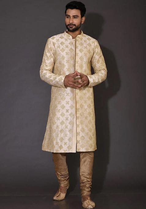 Fawn Embroidered Silk Kurta Set For Men